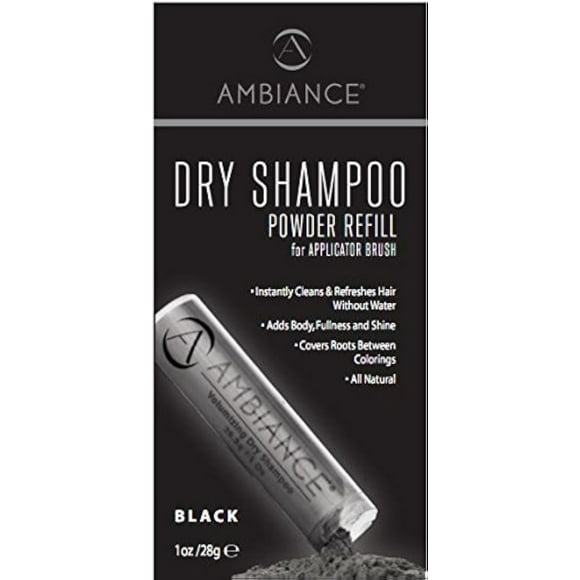 Ambiance Natural Dry Shampoo Powder Refill para cabello negro - Champú teñido tamaño viaje sin aerosol - No tóxico libre de benceno - Volumen refresca el cabello graso y cubre las raíces entre colorac