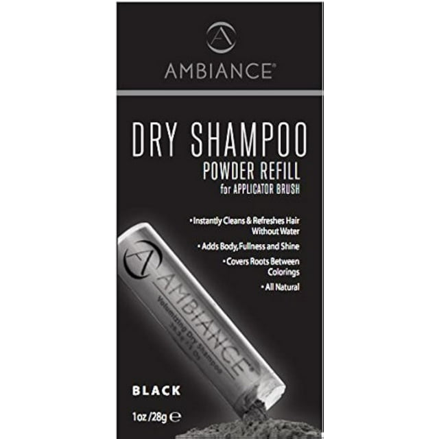 Ambiance Natural Dry Shampoo Powder Refill para cabello negro - Champú teñido tamaño viaje sin aerosol - No tóxico libre de benceno - Volumen refresca el cabello graso y cubre las raíces entre colorac