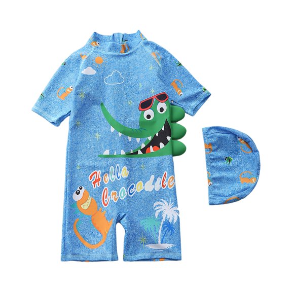 Grblisyd Boys Swimsuit One Piece Cute Cartoon Print Rash Guard Suits Short Sleeve Swimwear Kids Dinosaur Bathing Suit with Hat