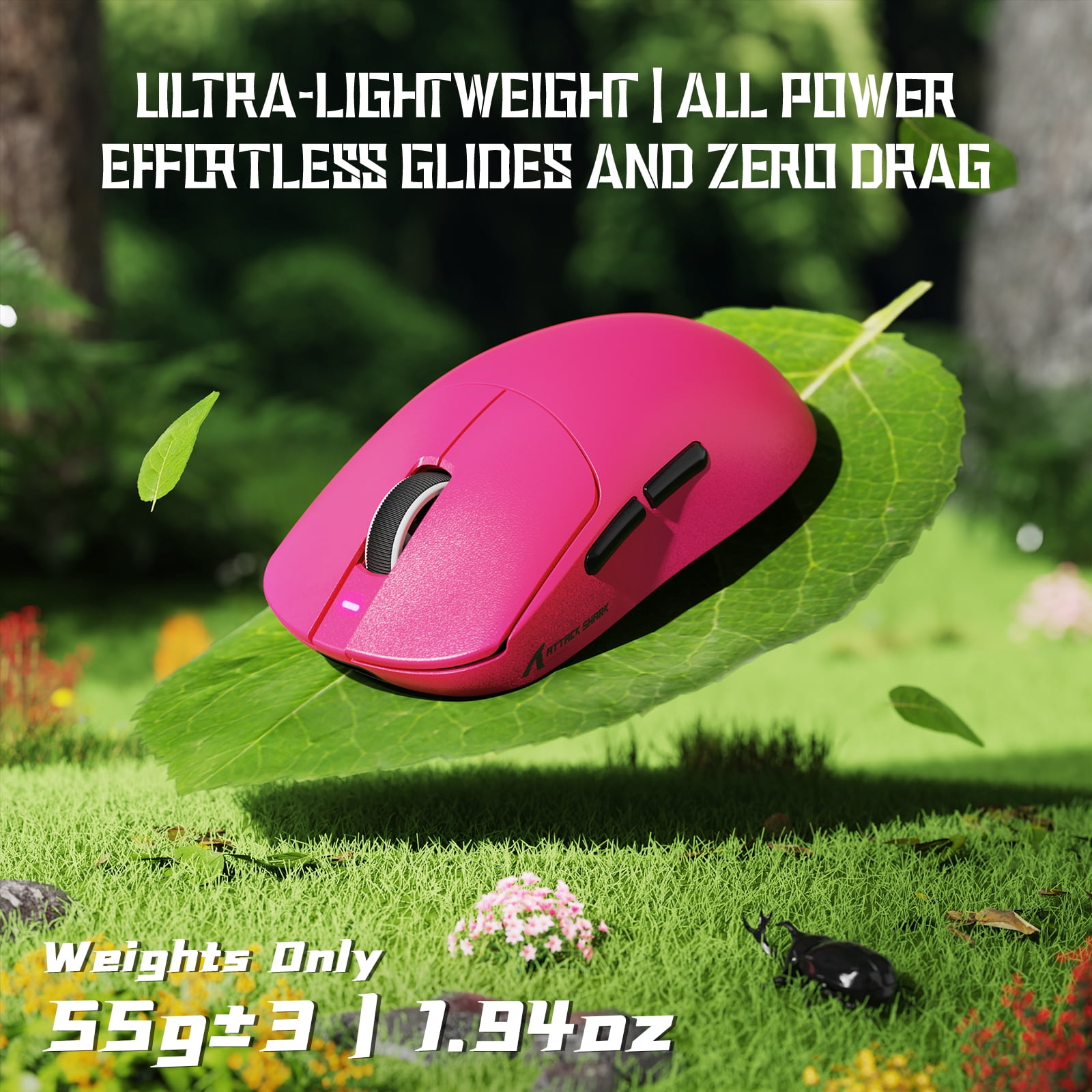 ATTACK SHARK X8SE Mouse for Large Hand, 55g SUPERLIGHT, PixArt PAW3311 Gaming Sensor, BT/2.4G Wireless/Wired, Adjustable DPI up to 25000, 500mAh Battery (Berry Red)