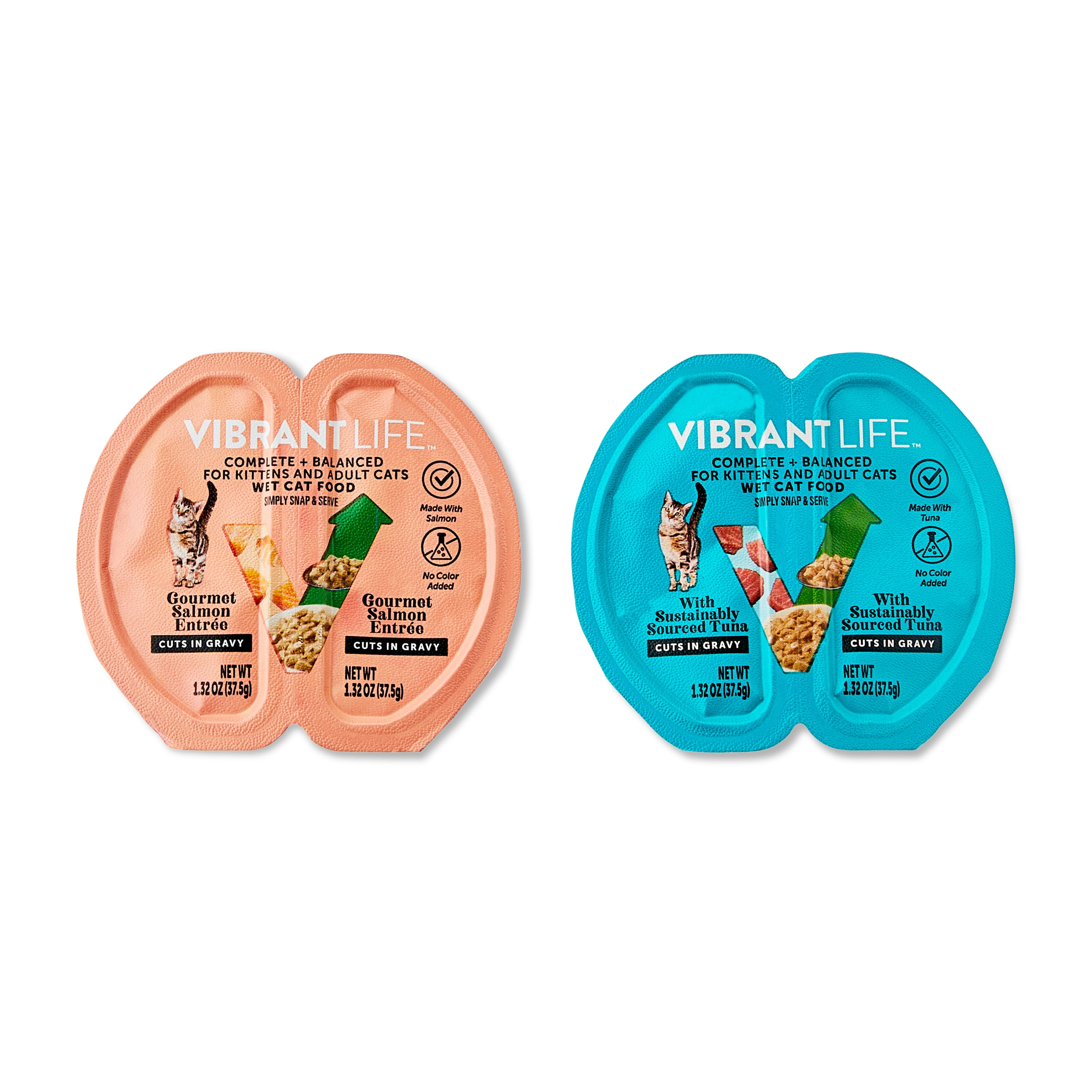 (2 pack) Vibrant Life Tuna & Salmon Cuts in Gravy Wet Cat Food, Complete + Balanced Variety Pack, 2.64 oz Split Trays, 12 Count