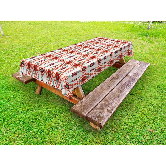 Southwestern Outdoor Tablecloth, Folkloric Aztec Triangle Ornament Ancient Tribe and Culture, Decorative Washable Fabric Picnic Tablecloth, 58 X 120 Inches, Chesnut Brown Seafoam Orange, by Ambesonne