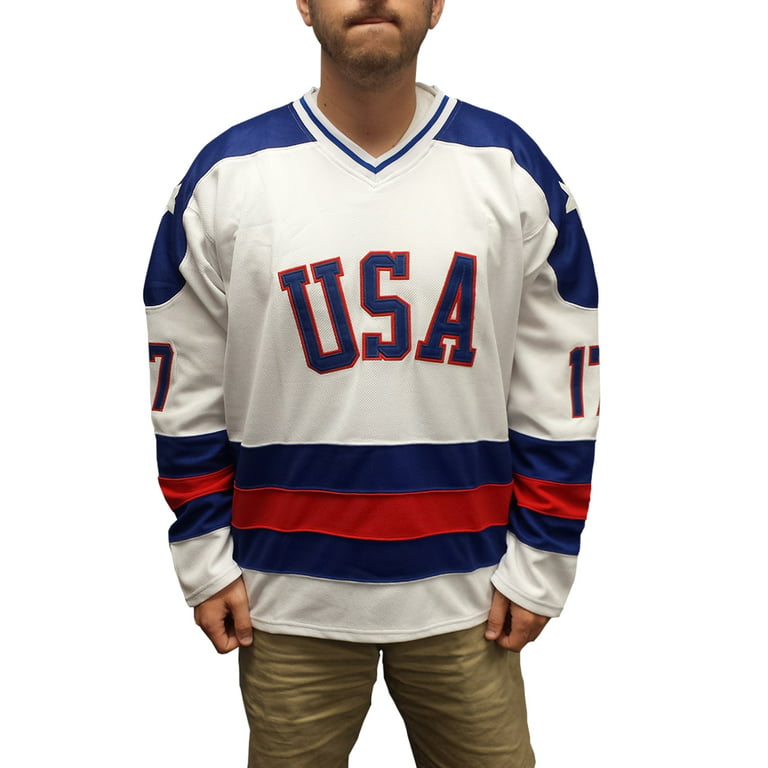 MyPartyShirt Jack O'Callahan #17 Team USA White Hockey Jersey Miracle on Ice Costume Movie - Mens Small