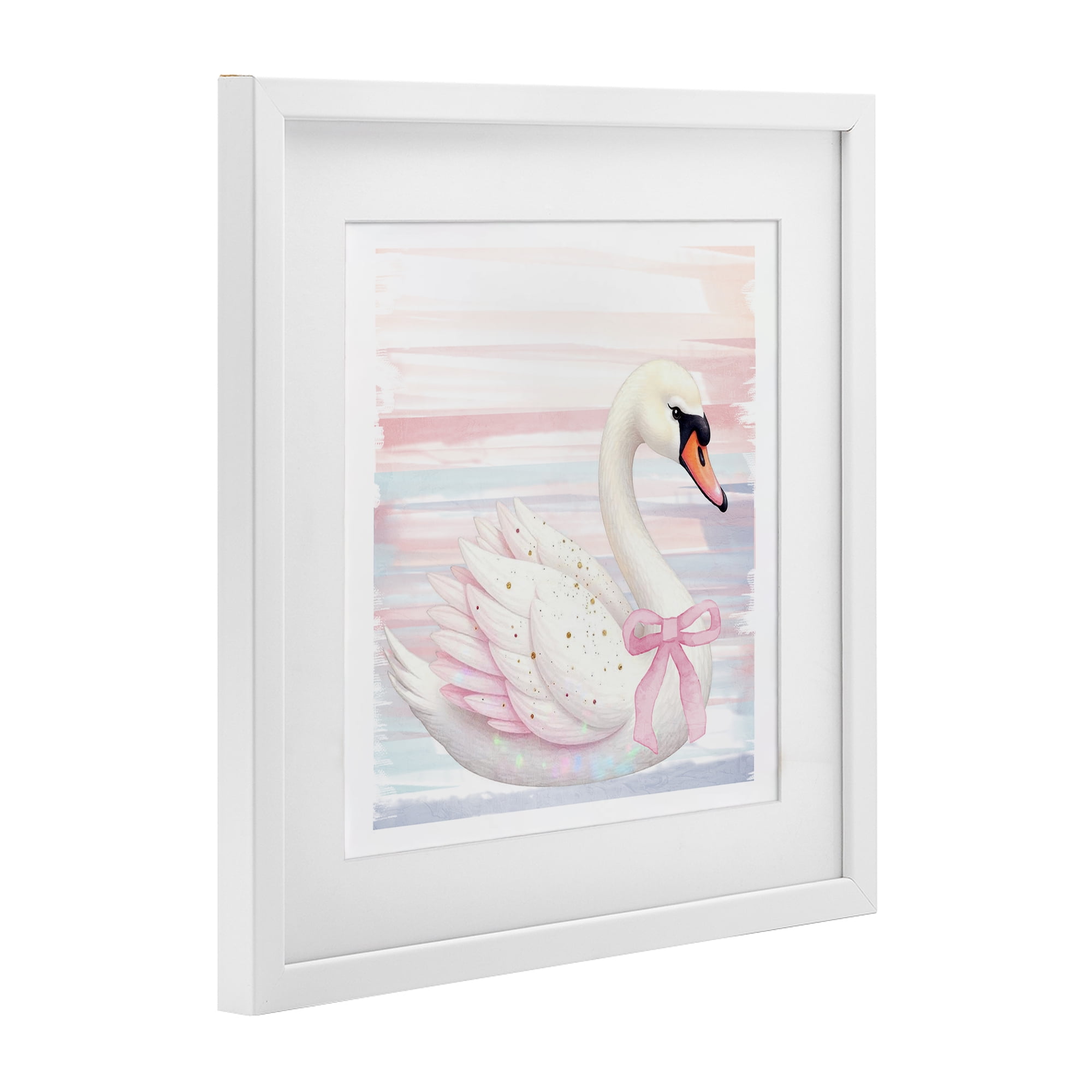 Pink Swan with Ribbon White Framed Print Under Glass, design by Kim Allen