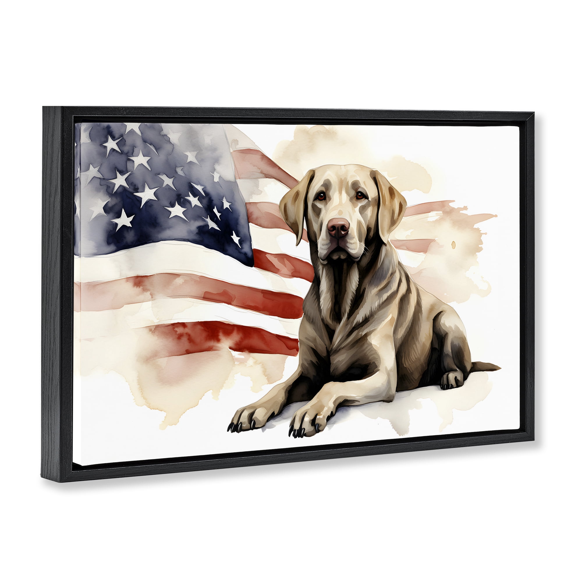 Stupell Industries Patriotic Dog with Flag Animals & Insects Painting Black Floater Framed Canvas Art Print Wall Art, 25 x 17