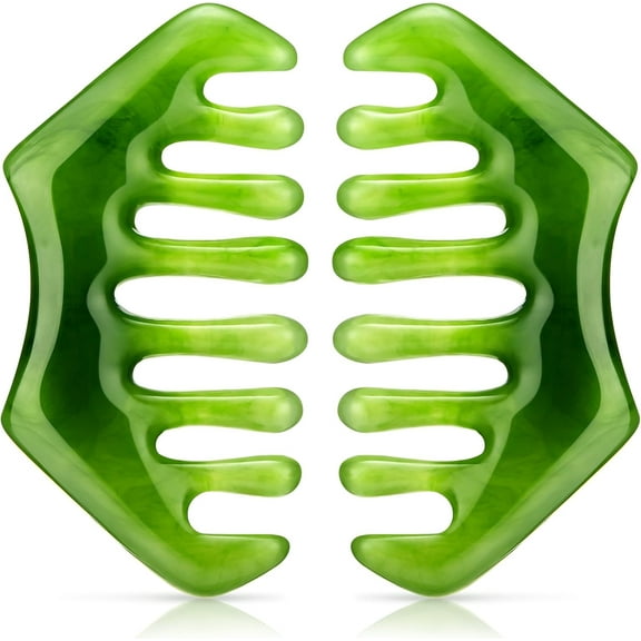 Lsupdaol 2 Pieces Jade Combs Massage Stone Hair Gua Sha Scraping Scalp Comb Facial Massage Tool Multifunctional Handheld Head Tools Head Caring Therapy Mother's Day Gift (Dark Green Style)