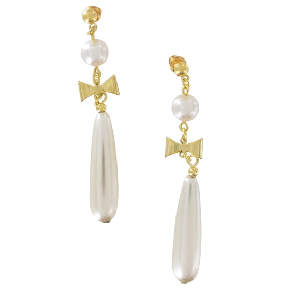 Faux Pearl Dangle Drop Teardrop Chandelier Gold Tone Pierced Earrings 2 5/8" Ladies Adult Female Women