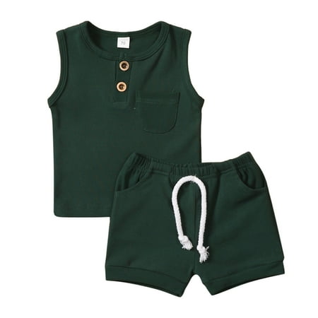 

GWAABD Toddler Boy Clothes Green Cotton Blend Toddler Boys Sleeveless Solid Clothing Sets Vest Tops and Shorts Summer Child Kids Outfits 90