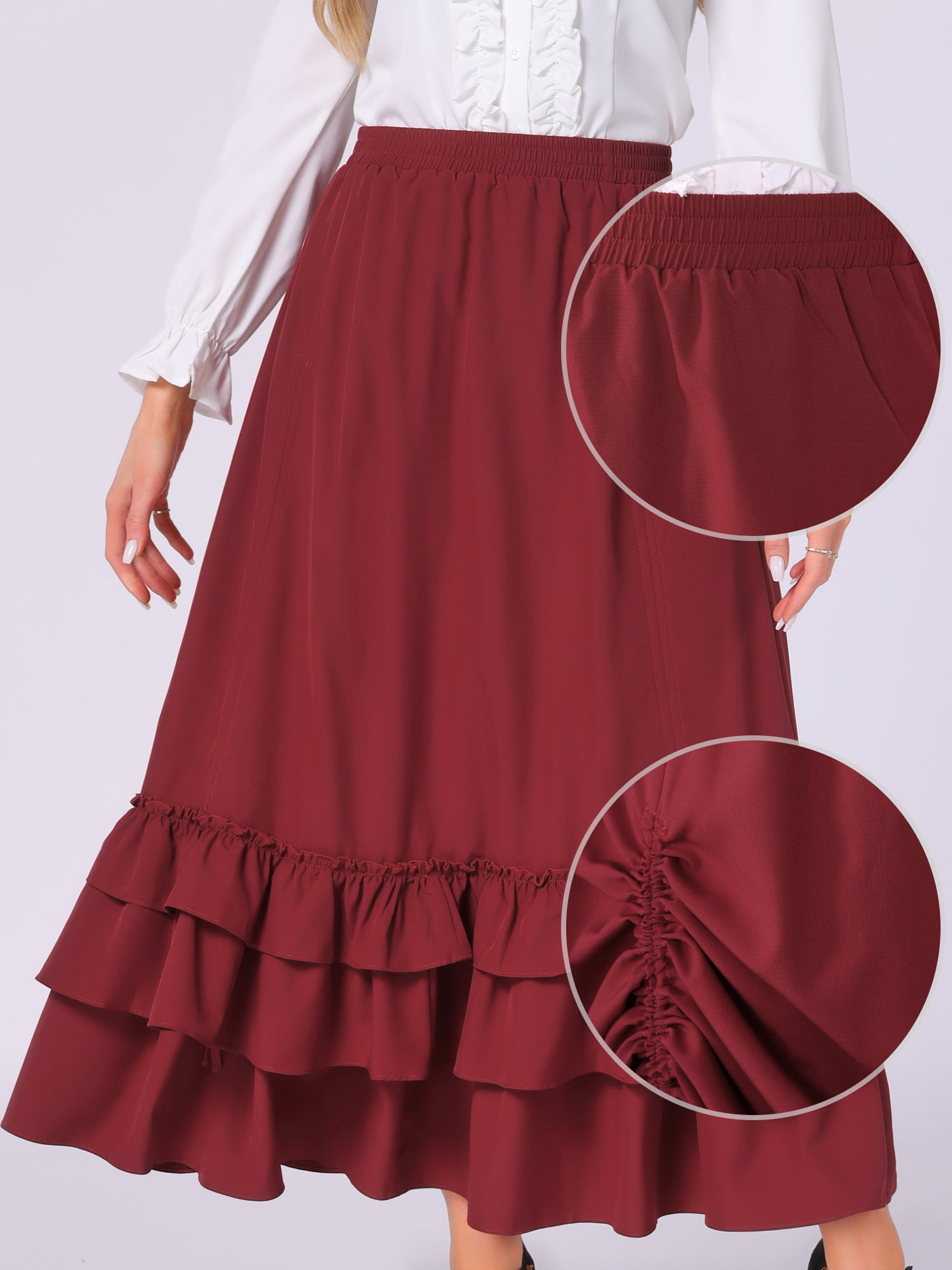 DARING DIVA Women's Vintage Gothic Victorian Steampunk Ruffle Layered Skirts XS Wine Red
