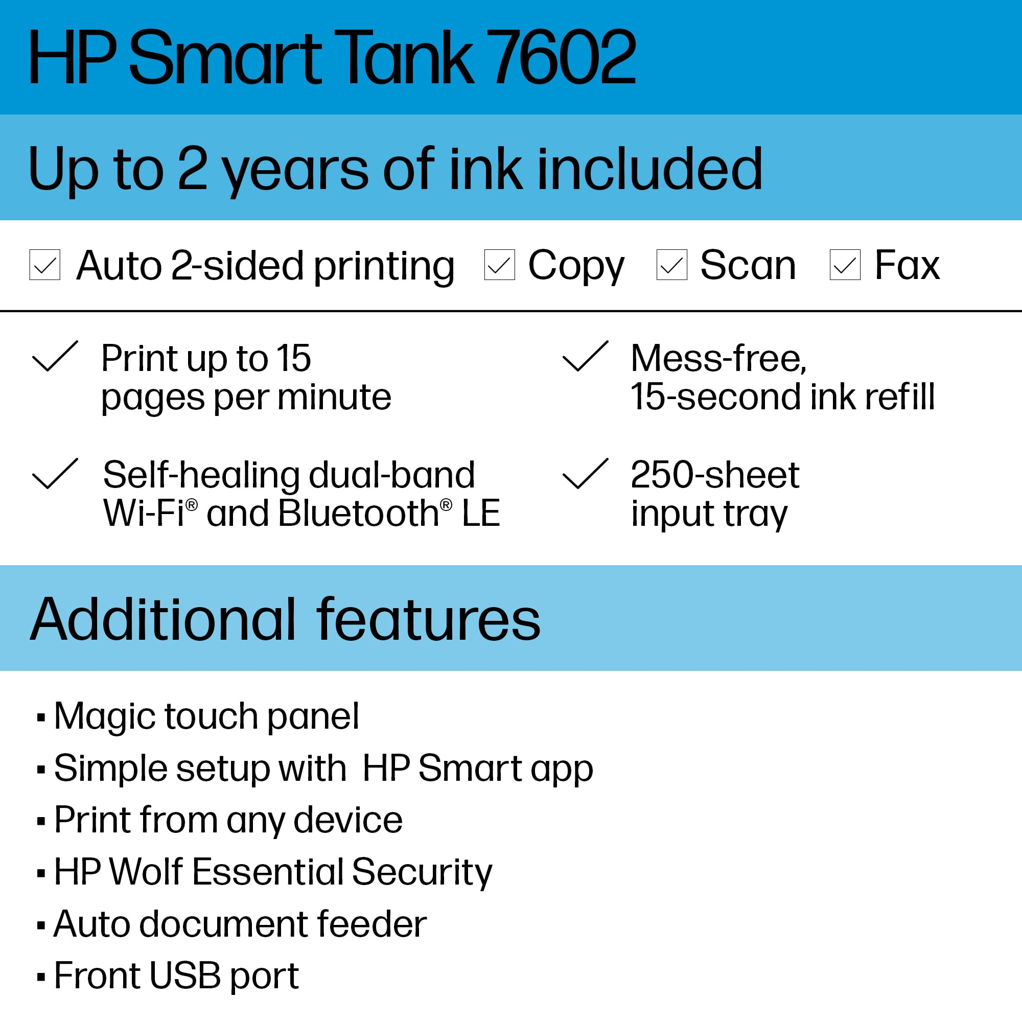 HP Smart Tank 7602 Wireless All-in-One Supertank Color home Inkjet Printer with up to 2 Years of Ink Included