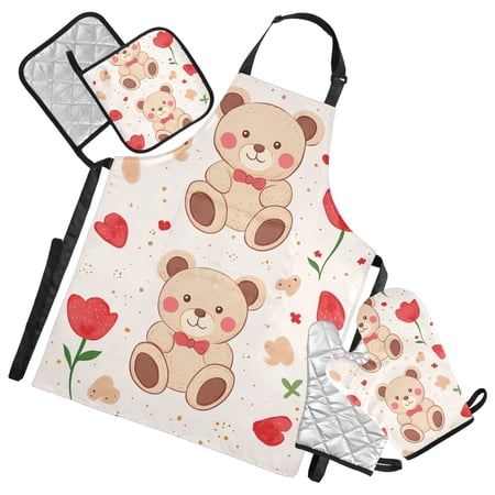 Bears and Pink Flowers Oven Mitts and Pot Holders with Chef Apron Set 5 Pcs Kitchen Cooking Set