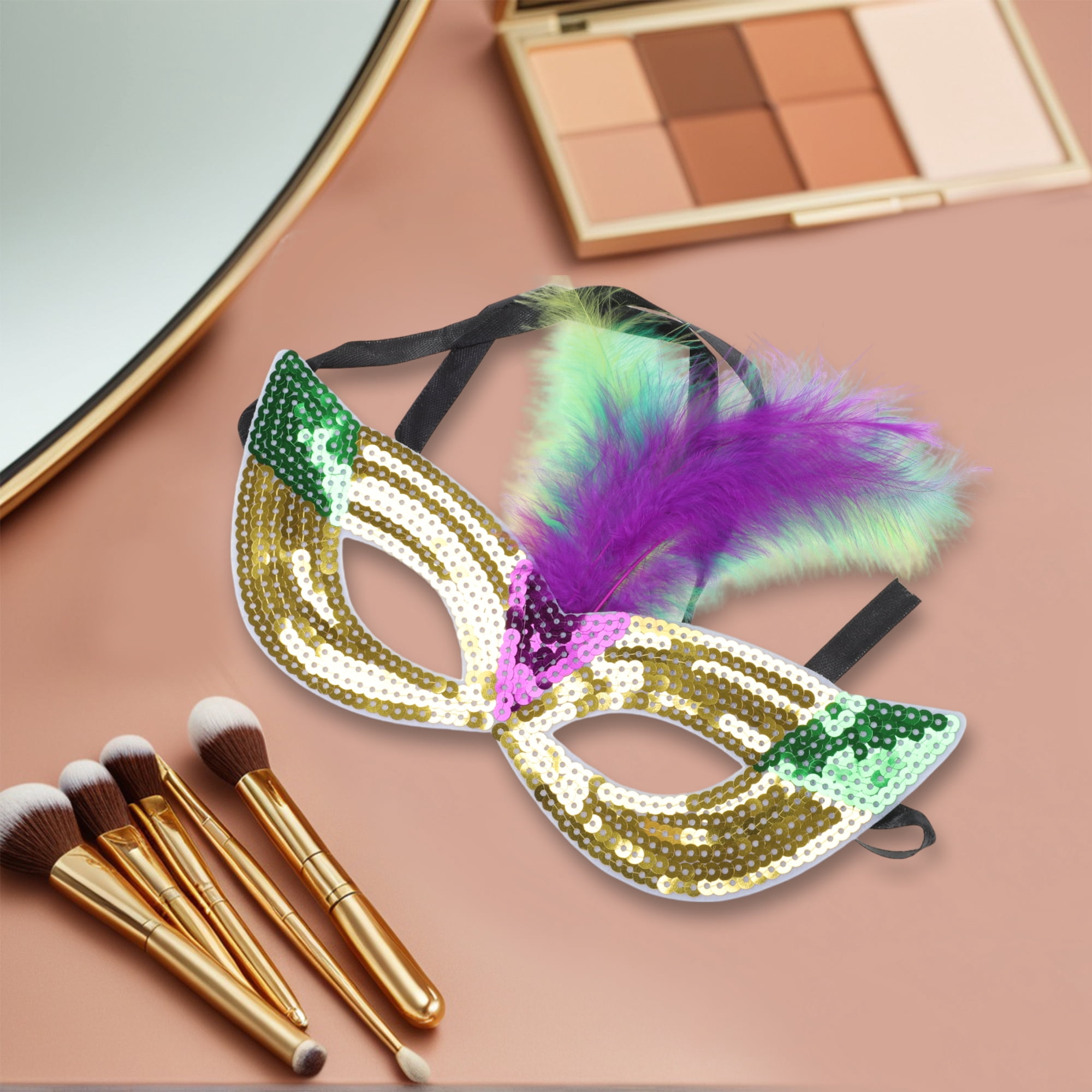 Unique Bargains 1 Pack Colorful Feather Sequins Half Face Party Mask Gold Tone