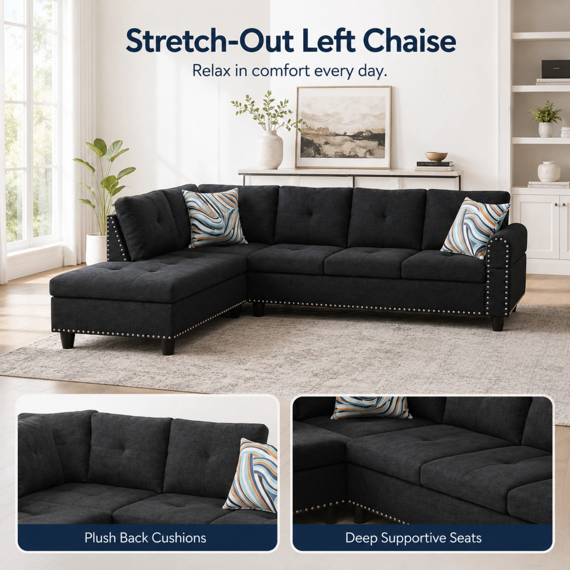 Momspeace 3 Piece Sectional Sofa with Cup Holder, 98" Linen L-Shaped Sofa for Living Room, Black