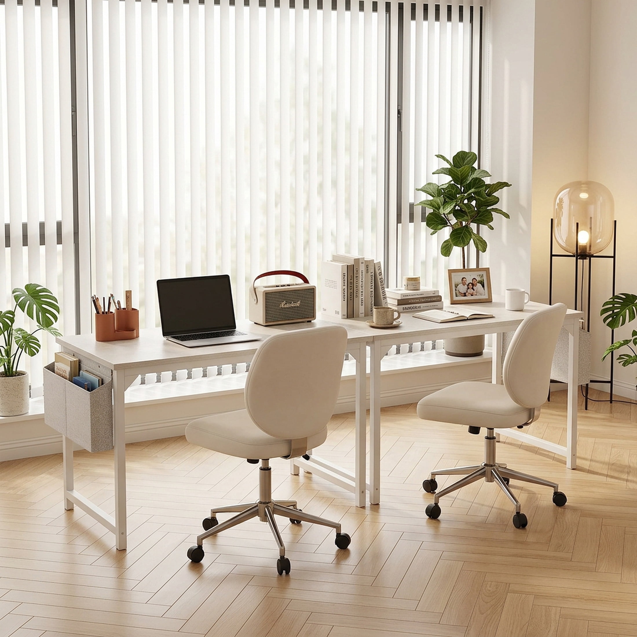 edx 63" Home Office Desk, Computer Desk with Storage Bag & Hook, Waterproof Top & Metal Frame, Modern Simple Study Writing Table for Bedroom, White