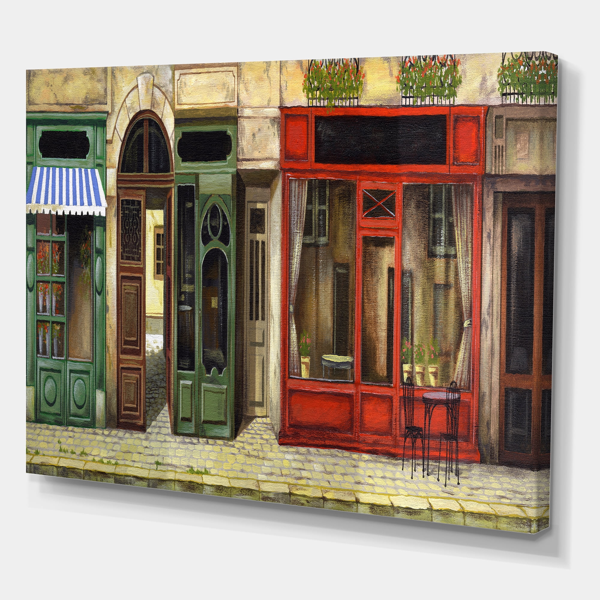 Designart ' Red Facade of Charming Shop In Paris Street II ' French Country Canvas Wall Art Print