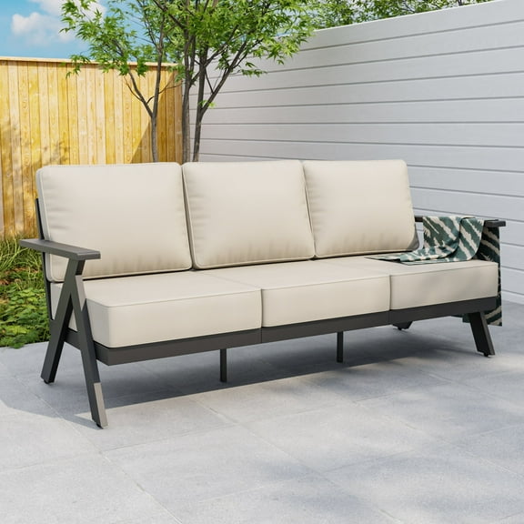 EAGLE PEAK Urban Slate 3-Seat Modern Patio Couch Outdoor Sofa with Weather Resistant Cushions, Black/Beige