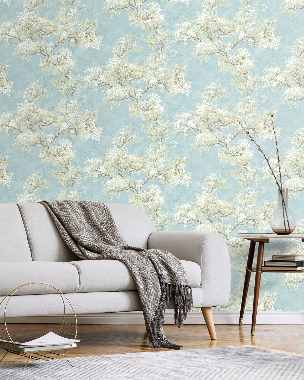 NextWall  Cherry Blossom Grove and Stick Wallpaper 20.5 in. W x 18 ft. L - Blue Mist & Green Tea