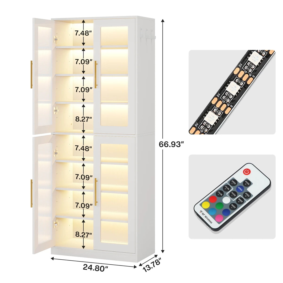 Hommoo 8-Tier Freestanding Tall Shoe Cabinet with Acrylic Doors and LED Lights, 24 Pairs,White