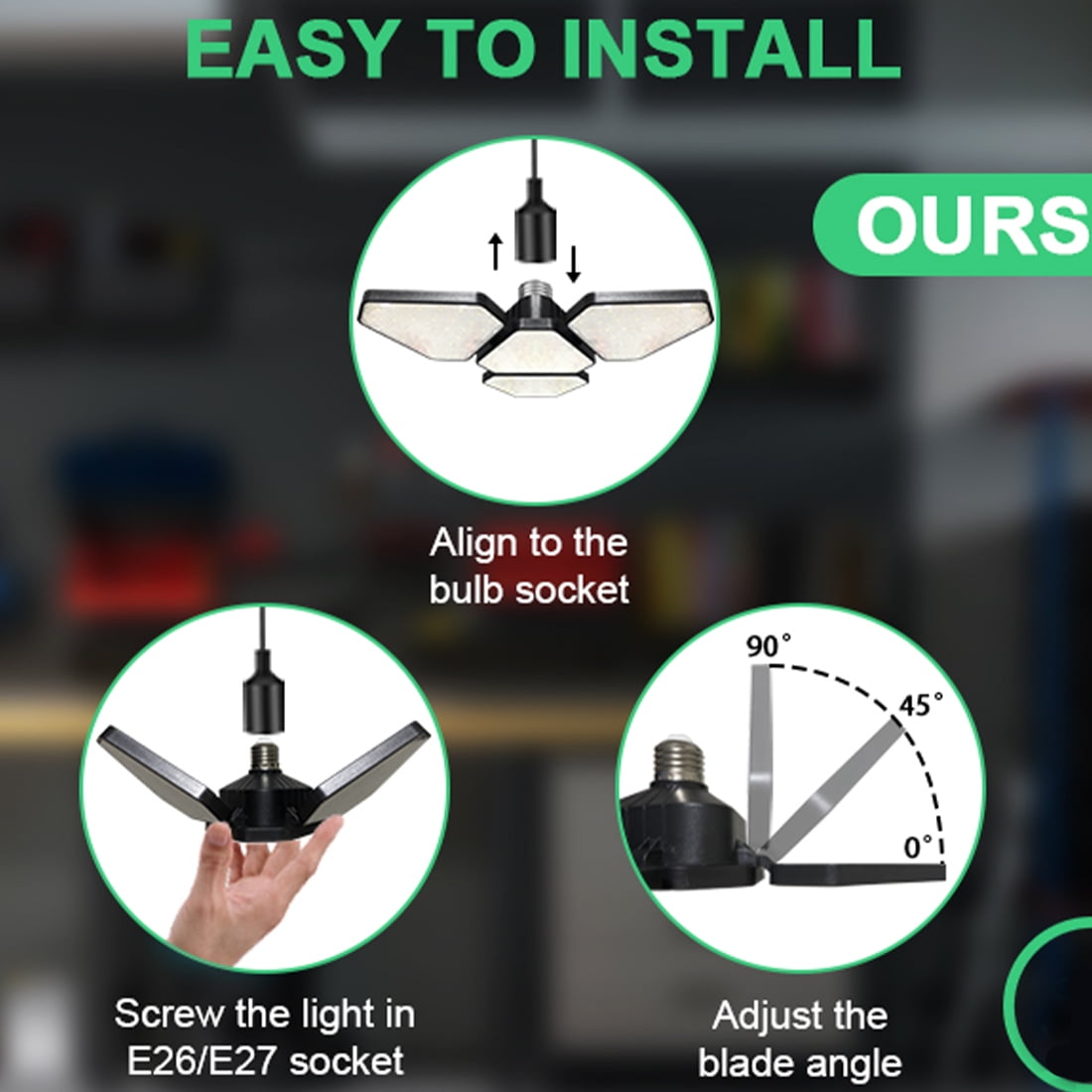Watfal LED Garage Ceiling Light 120W, 4 Adjustable Panels Total 15000 Lumen 6500K Bay Light, E26/E27 Base for Shop, Warehouse