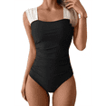 thumbnail image 2 of Womens One Piece Swimsuit Tummy Control Retro Square Neck Bathing Suit for Women Ruched Modest Full Coverage Swimwear, Black & white, 2 of 7