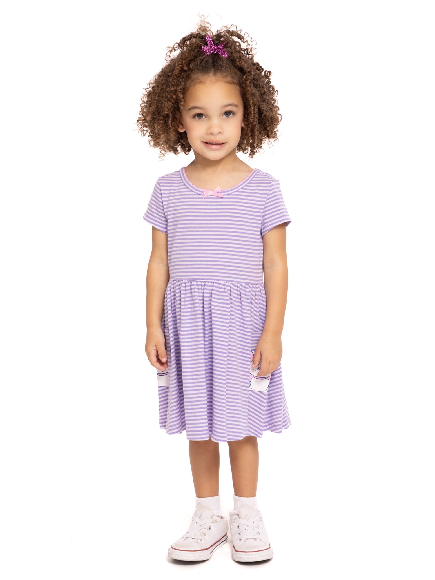 Disney Classics Marie Toddler Girl Short Sleeve Striped Dress with Graphic Pockets, Sizes 12M-5T