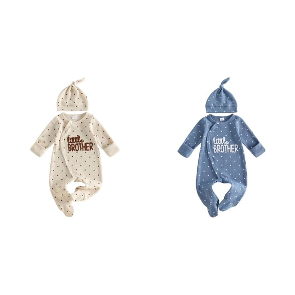 JFOPQVSM 4Pcs Little Bro Newborn Baby Boy Fall Outfits Romper Polka Dot Long Sleeve Jumpsuit Romper with Mitten and Hat,Newborn Home Outfit