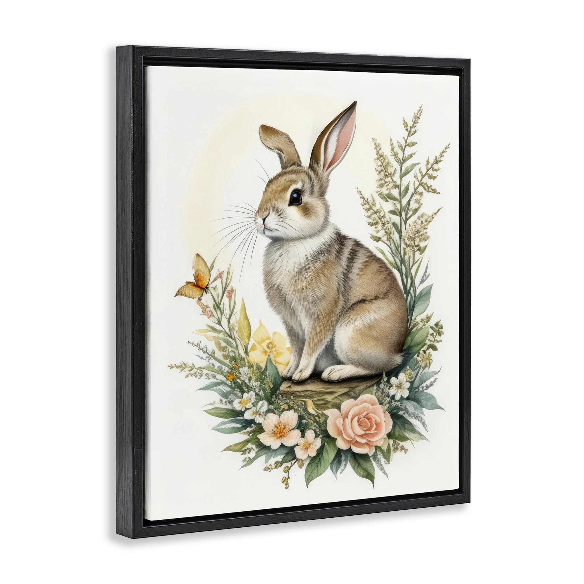 Stupell Industries Rabbit Among Flowers Animals & Insects Painting Black Floater Framed Canvas Art Print Wall Art, 17 x 21