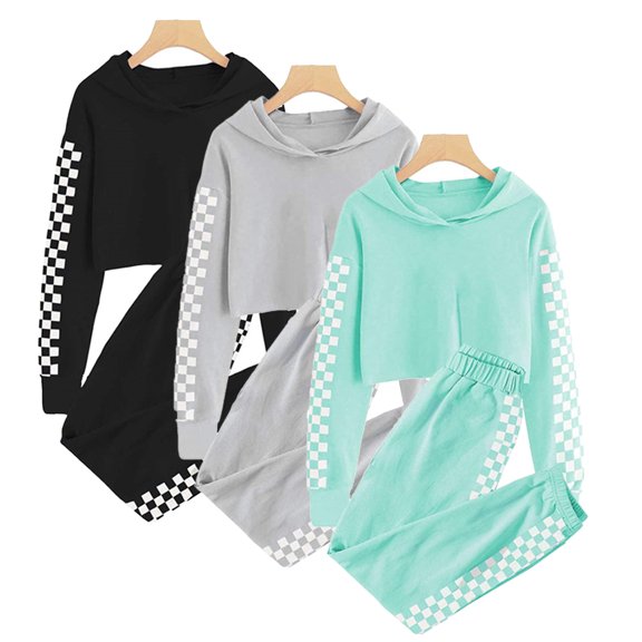 Ytdscs Kids Toddler Girls Hooded Sweatshirt 2PCS Outfits Cute Plaid Long Sleeve Pullover Sweatshirts and Sweatpants Tracksuit Set Spring Autumn Clothing 5-14 Years