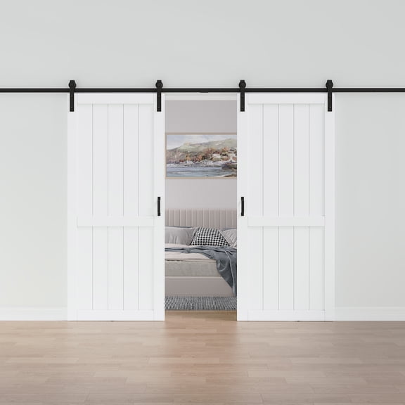 72''x84'' Double White Primed Paintable Sliding Barn Door – Solid Manufactured Wood, Closet & Pantry Interior Door with Complete Installation Hardware Kit