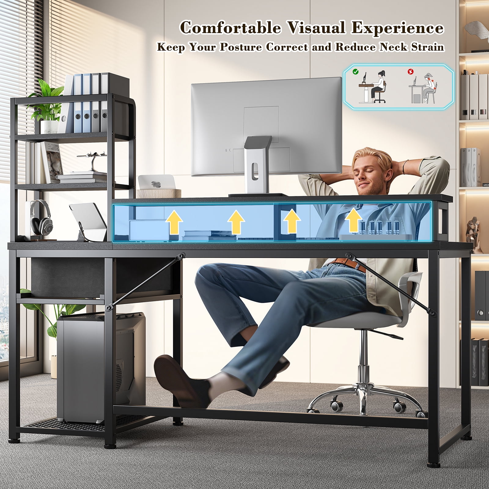 Romorgniz 44"W Computer Desk with Hutch, Gaming Desk with LED Lights & Power Outlets, Small Desk with Drawer and Monitor Stand, Writing Desk for Home Office, Black