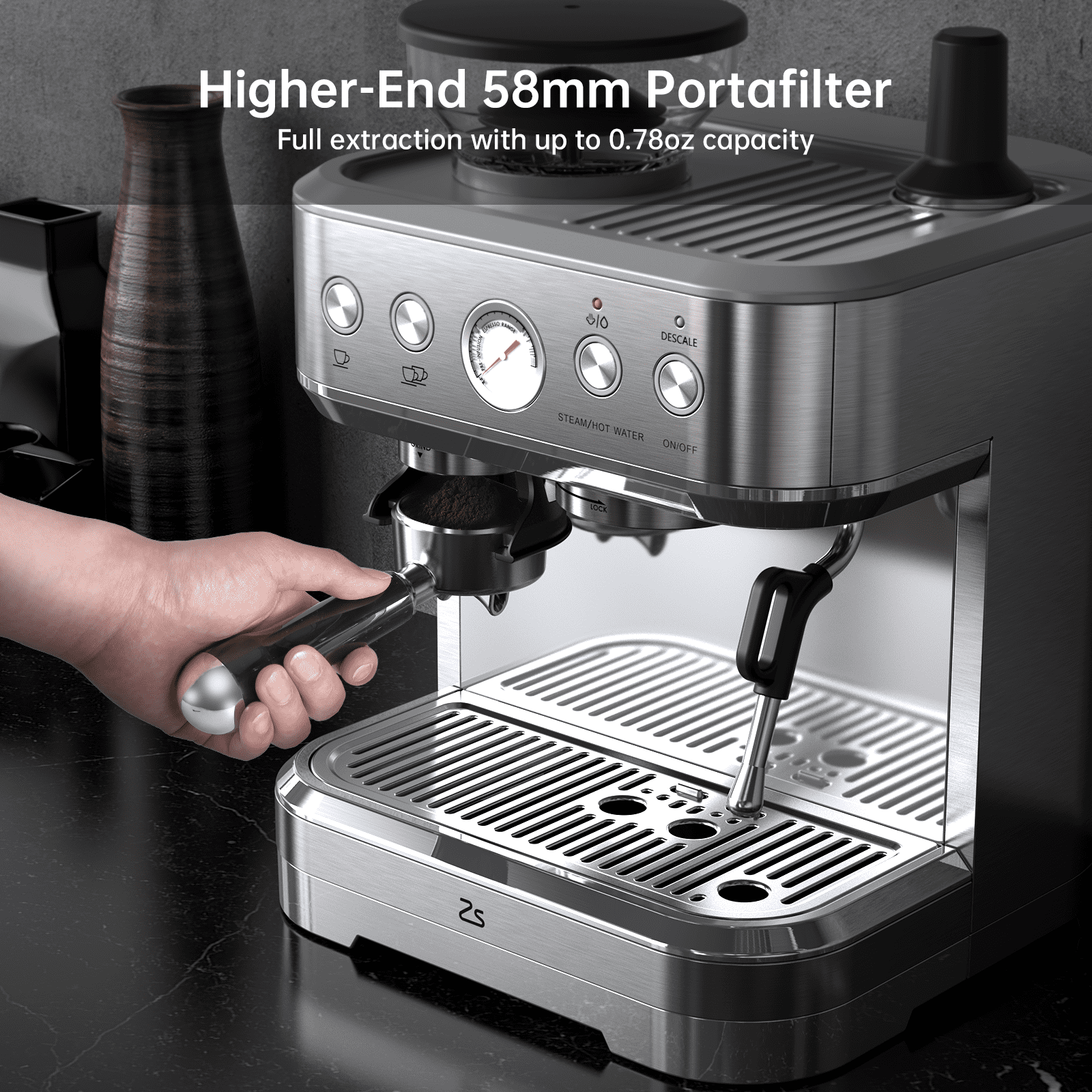Garvee 15 Bar Professional Espresso Machine with Grinder & Milk Frother for Home Office, 1350W, Silver