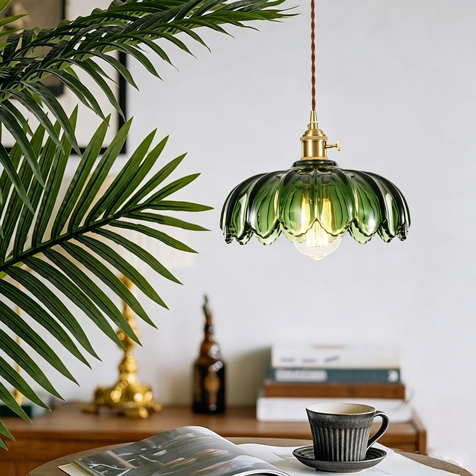Glass Pendant Lights Plug in, Green Vintage Pendant Light Fixtures,Plug in Hanging Lamp for Dining Room, Living Room, Bedroom (No Bulb Included)