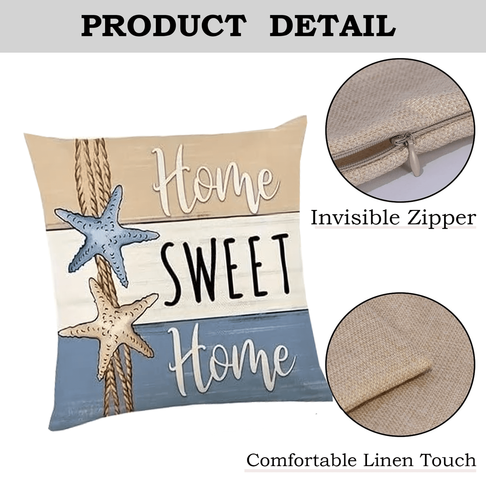 Beach Theme Throw Pillow Covers, 18x18 inches, Set of 4, Coastal Seashell and Starfish Design, Decorative Linen Cases for Living Room