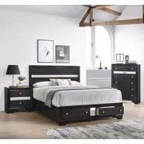 3pc Queen Size Storage Drawers Bed Chest Nighstand Set Black Wooden Bedroom Furniture