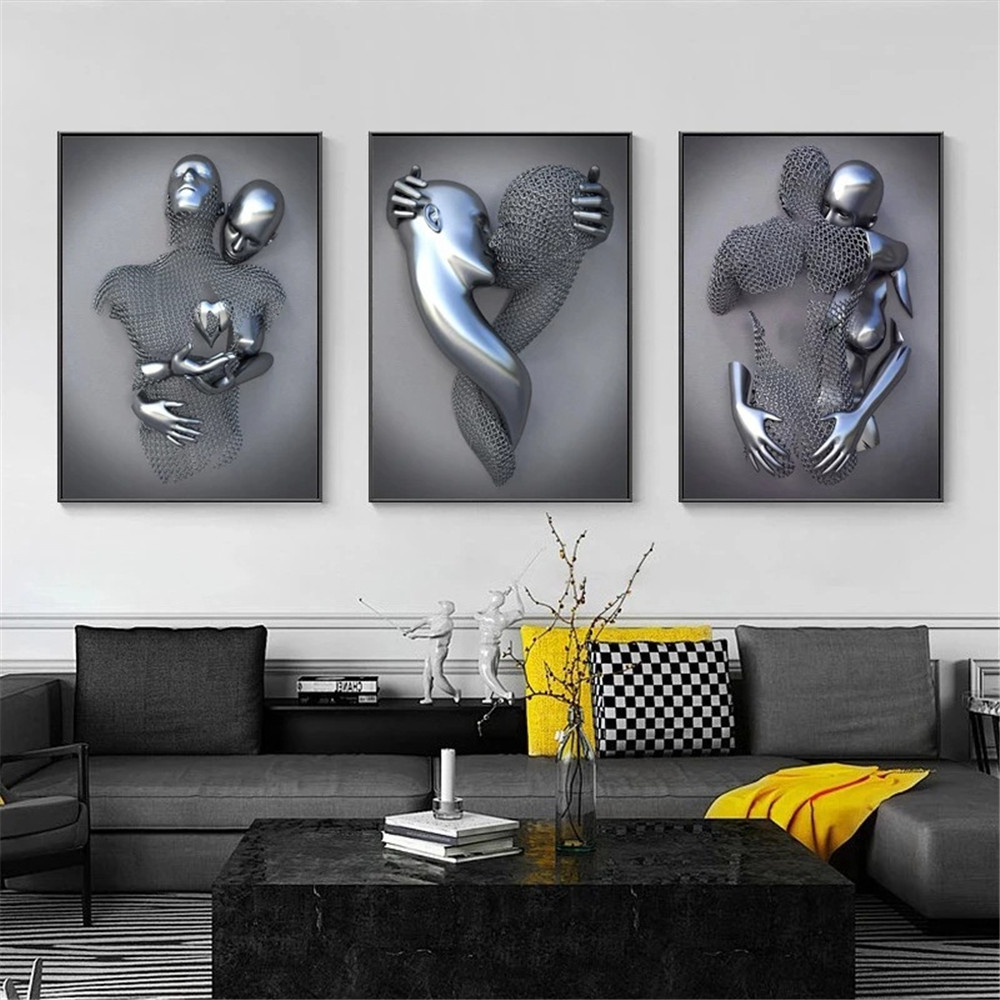 Bedroom Wall Decor, Romantic Couple Living Room Canvas Wall Art, Love Heart  3D Metal Sculpture Effect, Black and White Modern Abstract Lovers Painting  Picture Poster Prints for Bathroom Hotel