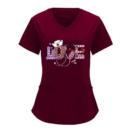 

LOVE Print Working Uniform Women Casual V Neck Valentine Day Printed Short Sleeve Working Shirt Top Scrubs Uniform Nurses