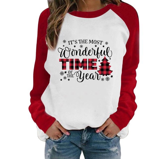 Gibobby Sudaderas para mujer Blusa informal de manga larga con cuello redondo y estampado de letras para mujer de Navidad(Rojo,XG)