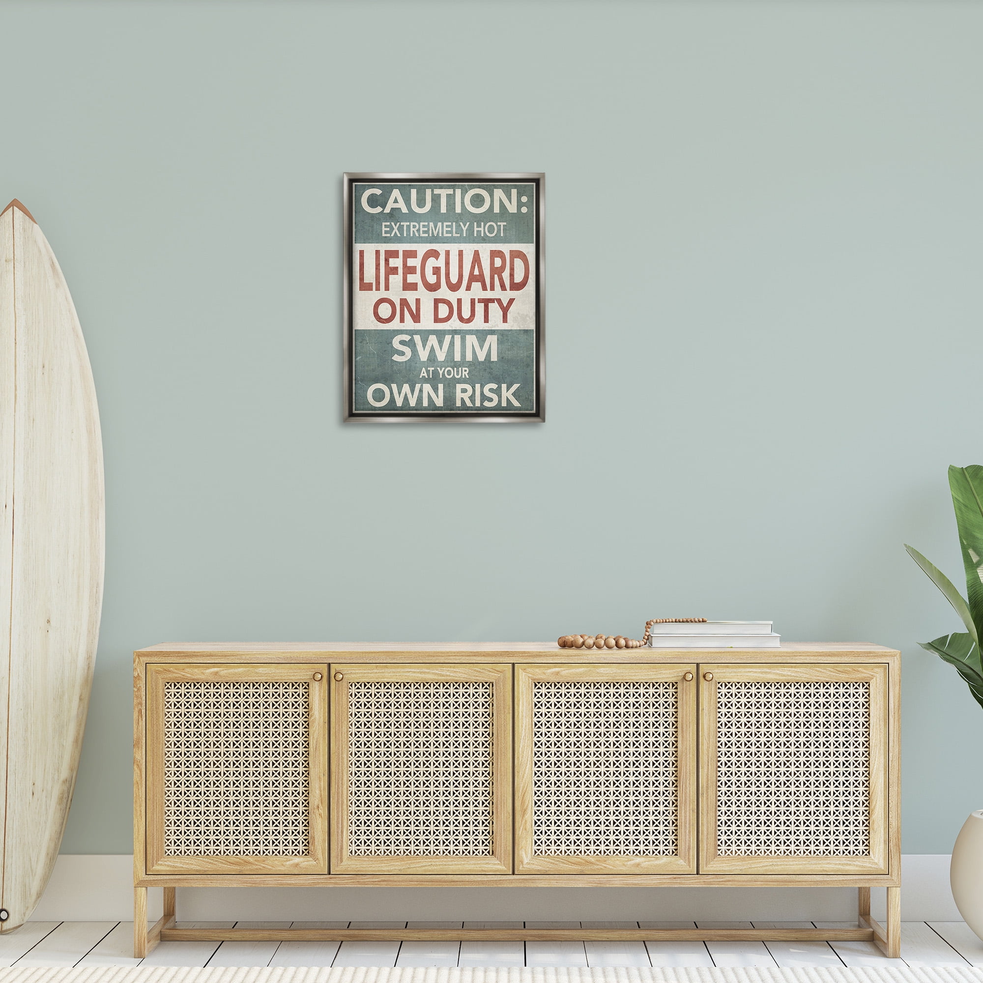 Stupell Industries Funny Swim at Own Risk Typography Painting Gray Floater Framed Canvas Art Print Wall Art, 25 x 31