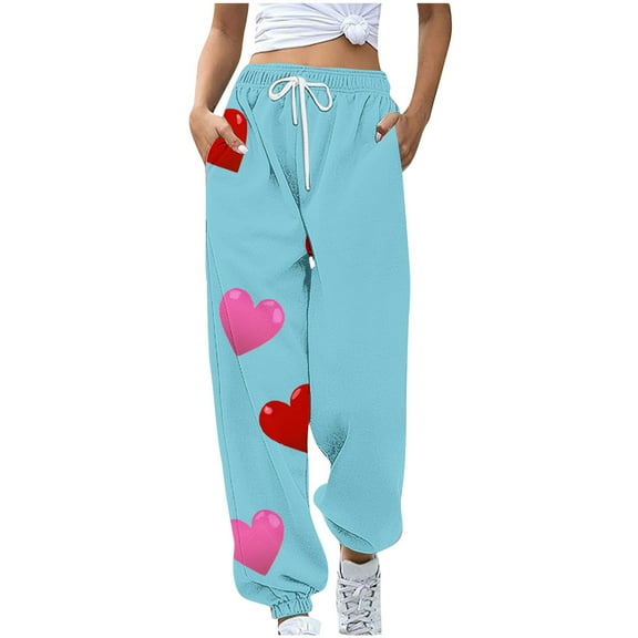 Jjayotai Womens Pants Clearance Womens Sweatpants, Casual Heart Print Sport Loose Drawstring Wide Leg Pants with Pocket, Work Trousers for Women Sky Blue~ M