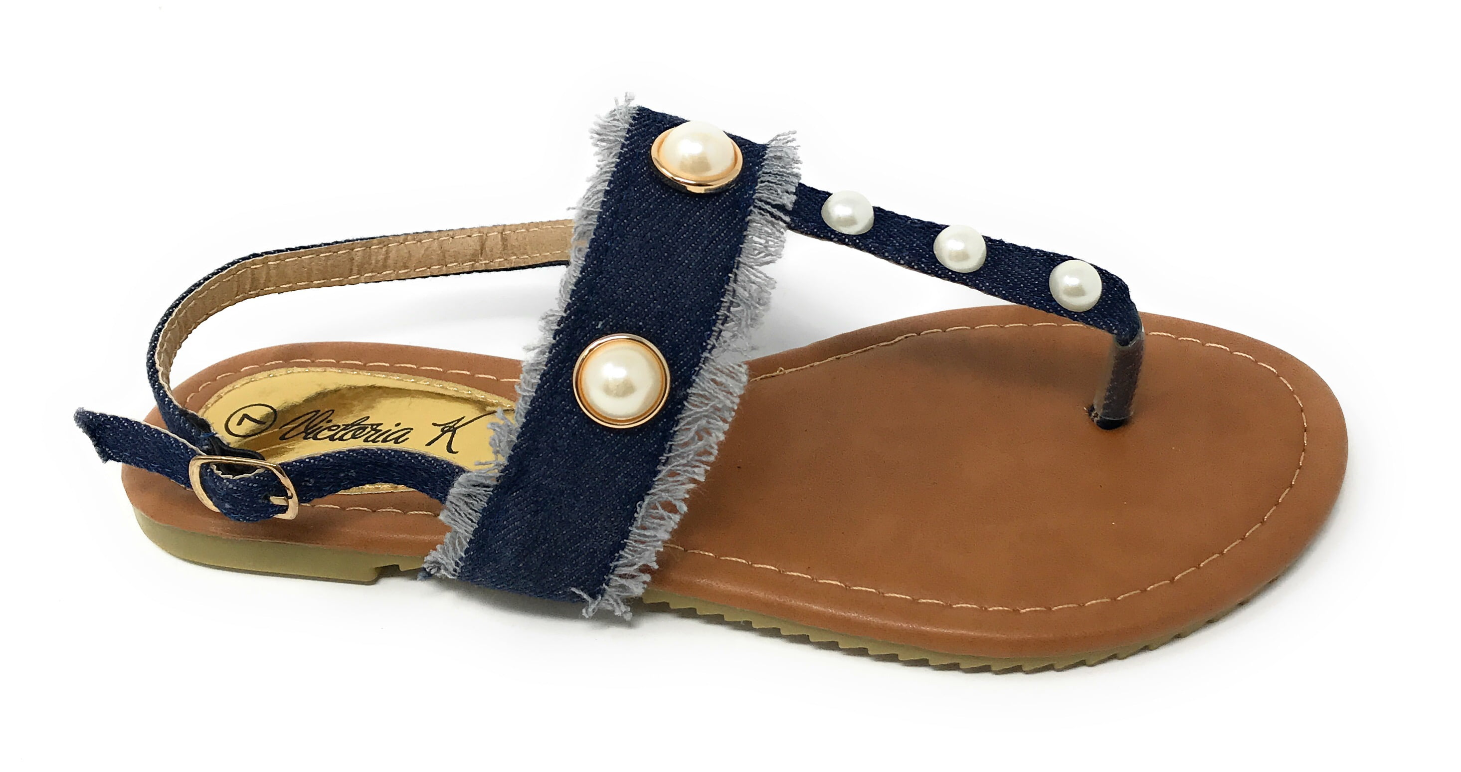Victoria K Women's Fringed Denim With Pearl Studs Sandals