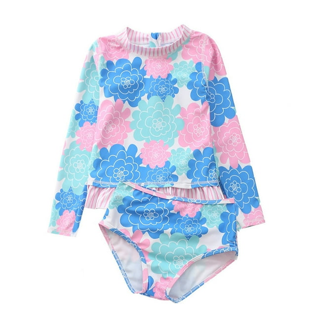 HAWEE Little Girls Two Pieces Rash Guard Swimsuit Set Long Sleeve Print Bikini Bathing Suit UPF50+ Beach Swimwear