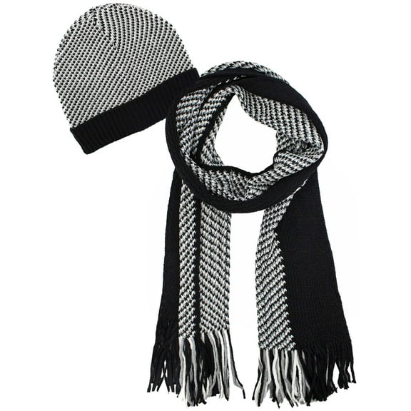 Mens Black and White Hounds Tooth Winter Knit Hat and Scarf Set