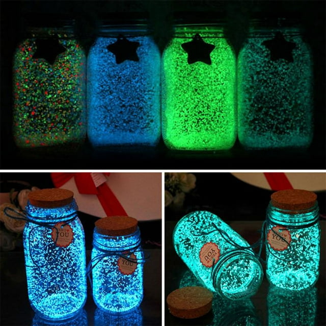 Bouteille de Sable Fluorescente DIY Poudre Lumineuse Résine Particules Fluorescentes Brillent dans le Sable Foncé, Bleu Vert
