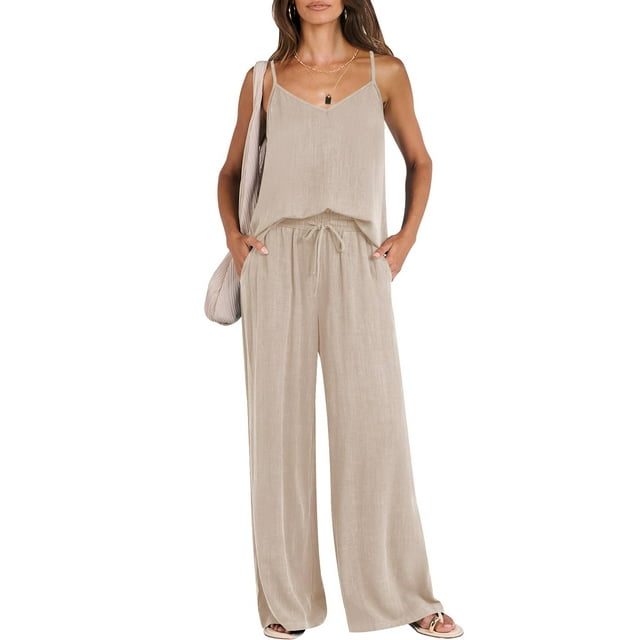 Set lounge de lino de 2 piezas ANRABESS para mujer, color albaricoque, XL