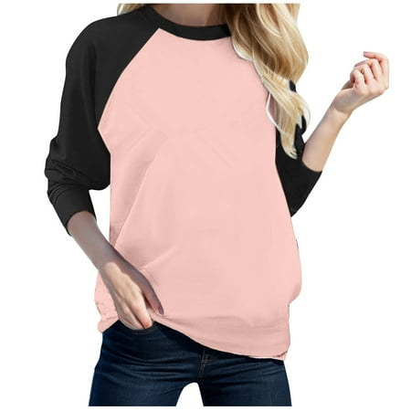 OSOLU Solid Color Women Casual O-Neck With Shoulder Matching Color Long Sleeve T-Shirt Tee Tops Relaxed Fit Dailywear