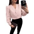 thumbnail image 3 of Women'S Business Casual Tops Summer Long Sleeve Button Down Shirts V Neck Chiffon Blouses Pink Leather XXL, 3 of 8