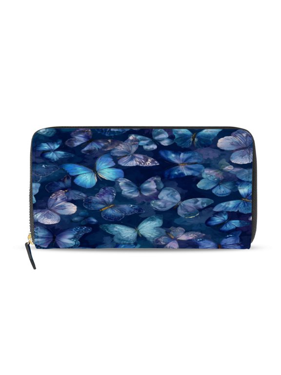 Pretty Blue Butterfly Women's Leather Wallet Fashion Retro Multi Card Holder with Cell Phone Pocket Mothers Day Gifts
