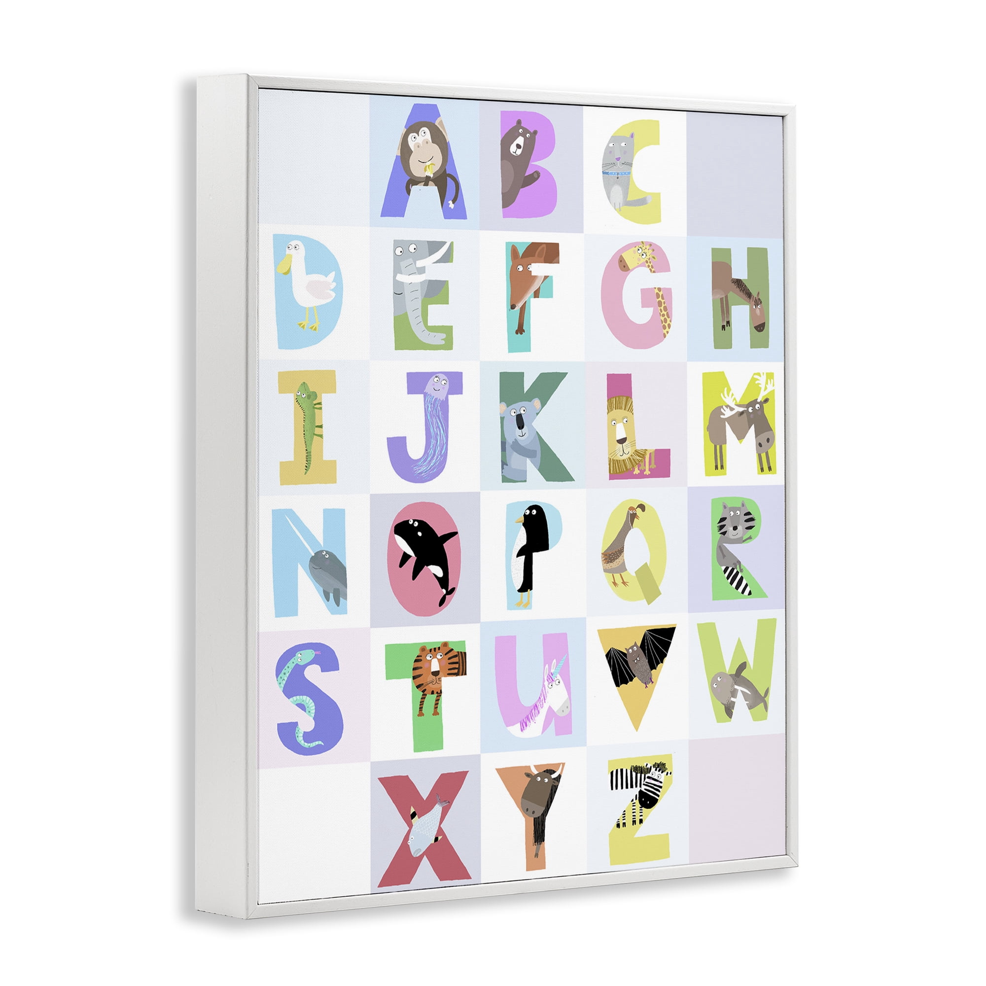 Stupell Industries Animal Alphabet in Light Grey White Framed Giclee Art, design by Carla Daly