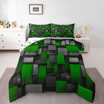 Castle Fairy Geometric Plaid Queen Comforter Set,Black Green Grid Bedding Comforter Set