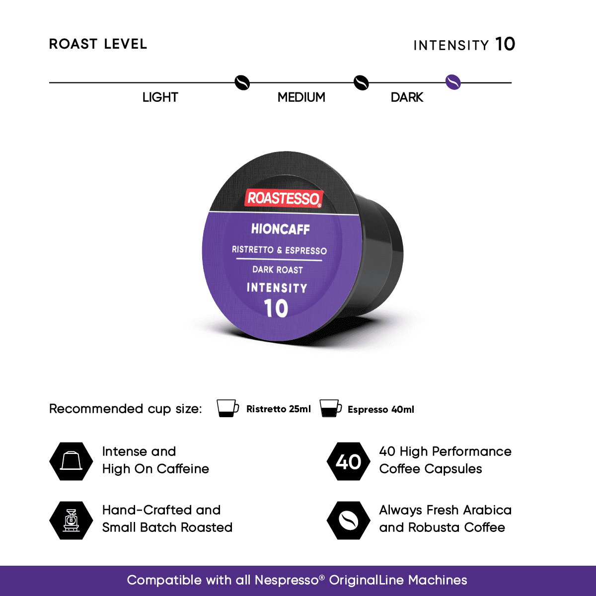 Roastesso Coffee Hioncaff Strong Nespresso Pods Compatible OriginalLine Espresso Capsules, Intensity 10 (40 Count)